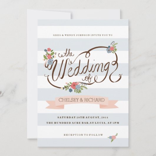 Invitation Ruban Mariage - Bleu (Devant)