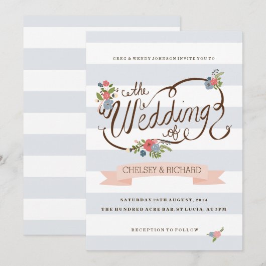 Invitation Ruban Mariage - Bleu (Devant / Derrière)