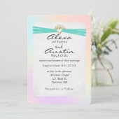 Invitation Ruban Mariage Turquoise dans le coeur d'or (Debout devant)