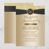 Invitation Ruban noir élégant or 50e anniversaire de mariage (Devant / Derrière)