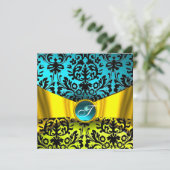 INVITATION RUBAN OR JAUNE BLEU CANARD NOIR DAMASSE MONOGRAMME (Debout devant)