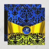 INVITATION RUBAN OR JAUNE BLEU VOILE NOIR DAMASSÉ MONOGRAMME (Devant / Derrière)