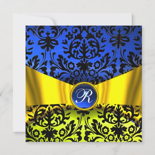 INVITATION RUBAN OR JAUNE BLEU VOILE NOIR DAMASSÉ MONOGRAMME (Devant)