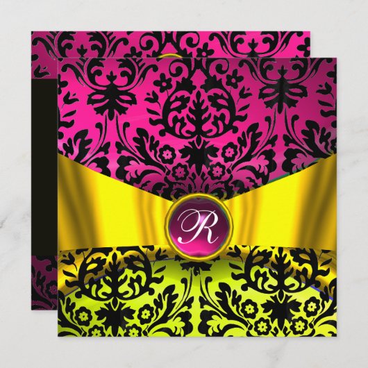 INVITATION RUBAN OR JAUNE FUCHSIA DAMASSE MONOGRAMME NOIR (Devant / Derrière)