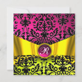 INVITATION RUBAN OR JAUNE FUCHSIA DAMASSE MONOGRAMME NOIR (Devant)