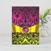 INVITATION RUBAN OR JAUNE FUCHSIA NOIR DAMAS MONOGRAMME (Debout devant)