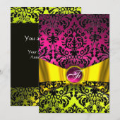 INVITATION RUBAN OR JAUNE FUCHSIA NOIR DAMAS MONOGRAMME (Devant / Derrière)