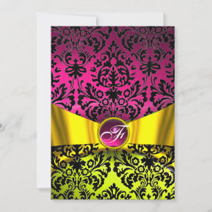 INVITATION RUBAN OR JAUNE FUCHSIA NOIR DAMAS MONOGRAMME