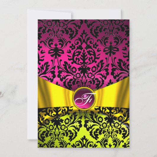 INVITATION RUBAN OR JAUNE FUCHSIA NOIR DAMASSE MONOGRAMME (Devant)