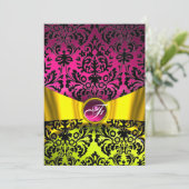 INVITATION RUBAN OR JAUNE FUCHSIA NOIR DAMASSE MONOGRAMME (Debout devant)