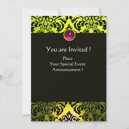 INVITATION RUBAN OR JAUNE FUCHSIA NOIR DAMASSE MONOGRAMME (Dos)