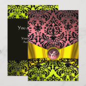 INVITATION RUBAN OR JAUNE NOIR ROSE DAMAS MONOGRAMME (Devant / Derrière)