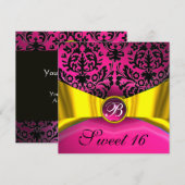 INVITATION RUBAN OR JAUNE NOIR ROSE DAMAS MONOGRAMME (Devant / Derrière)