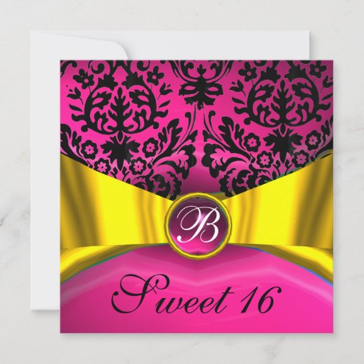 INVITATION RUBAN OR JAUNE NOIR ROSE DAMAS MONOGRAMME (Devant)