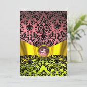 INVITATION RUBAN OR JAUNE ROSE NOIR DAMAS MONOGRAMME (Debout devant)