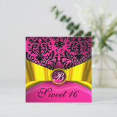 INVITATION RUBAN OR JAUNE ROSE NOIR DAMAS MONOGRAMME (Debout devant)
