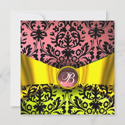 INVITATION RUBAN OR JAUNE ROSE NOIR DAMAS MONOGRAMME (Devant)