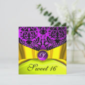 INVITATION RUBAN OR JAUNE VIOLET NOIR DAMAS MONOGRAMME (Debout devant)