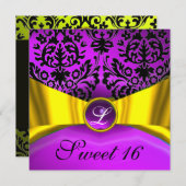 INVITATION RUBAN OR JAUNE VIOLET NOIR DAMAS MONOGRAMME (Devant / Derrière)