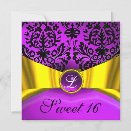 INVITATION RUBAN OR JAUNE VIOLET NOIR DAMAS MONOGRAMME (Devant)