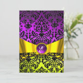 INVITATION RUBAN OR JAUNE VIOLET NOIR DAMAS MONOGRAMME (Debout devant)