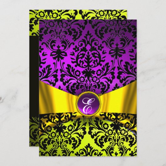 INVITATION RUBAN OR JAUNE VIOLET NOIR DAMAS MONOGRAMME (Devant / Derrière)