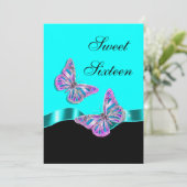 Invitation Ruban papillon bleu rose noir (Debout devant)