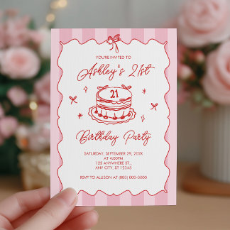 Invitation Ruban rayé vintage Coquette rose pour 21e annivers