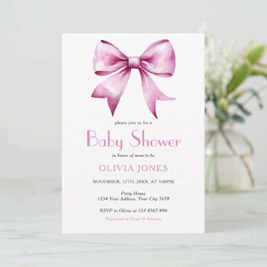 Invitation Ruban rose Bow Baby shower (Debout devant)