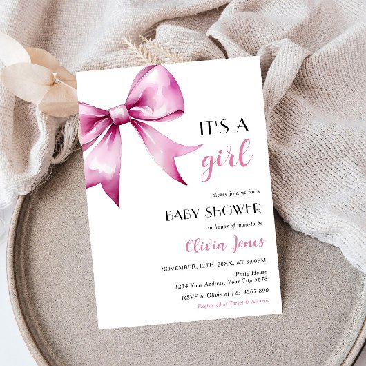 Invitation Ruban rose Bow Baby shower C'est une fille