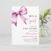 Invitation Ruban rose Bow Baby shower C'est une fille (Debout devant)