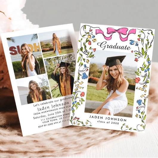 Invitation Ruban rose branché 5 PHOTO de la soirée de graduat