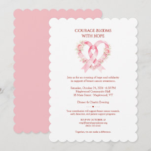 Invitation Ruban rose cœur floral pour le cancer du sein MH26