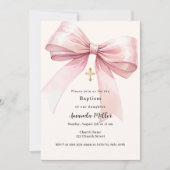 Invitation Ruban rose crème baptême fille (Devant)