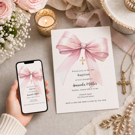 Invitation Ruban rose crème baptême fille
