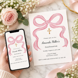 Invitation Ruban rose crème fille Confirmation
