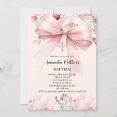Invitation Ruban rose crème fleurs fille Baptême (Devant)
