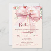 Invitation Ruban rose crème fleurs fille Baptême (Devant)