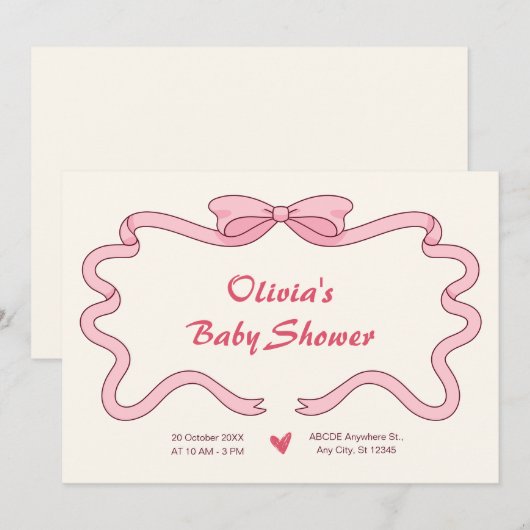 Invitation Ruban rose doux baby shower (Devant / Derrière)