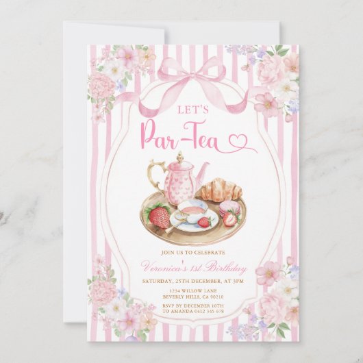 Invitation Ruban rose Faisons une fête de thé Fille Anniversa (Devant)