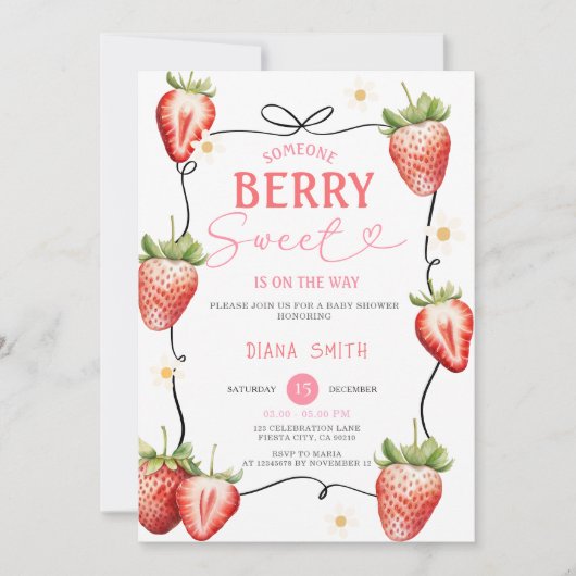 Invitation Ruban Rose Fête de Bébé aux Fraises Sucrées (Devant)