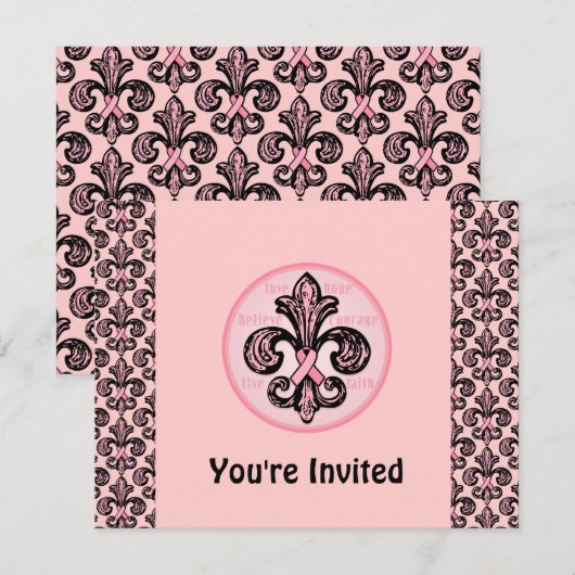 Invitation Ruban rose Fleur de lis (Devant / Derrière)