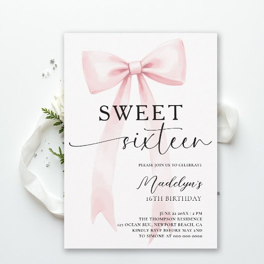 Invitation Ruban Rose Moderne Élégant Simple Chic Sweet 16