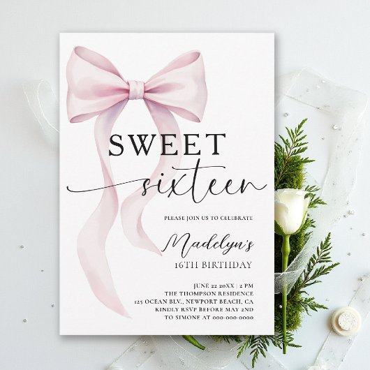 Invitation Ruban Rose Moderne Élégant Simple Classe Sweet 16