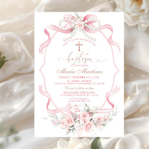 Invitation Ruban Rose Pâle Perle Floral Christening Baptême