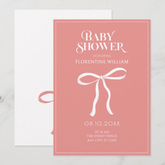 Invitation Ruban rose pastel Baby shower (Devant / Derrière)