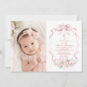 Invitation Ruban Rose Perle Floral Christening Baptême Photo