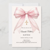 Invitation Ruban Rose Perles d'Ivoire Fille Élégante Baptême (Devant)
