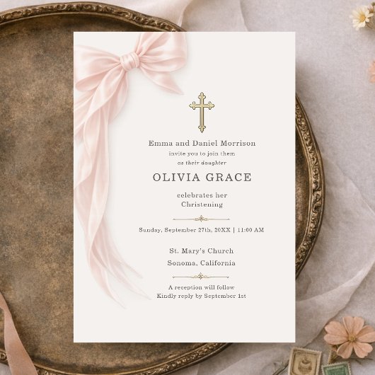 Invitation Ruban rose pour baptême 