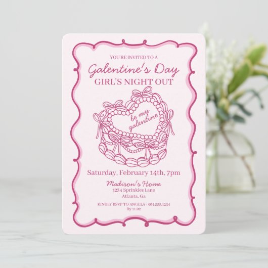 Invitation Ruban Rose Rétro Cœur Coquette Cake Galentine (Debout devant)